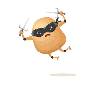 Vector cartoon ninja potato character with black super hero mask and ninja knife Stock Illustration