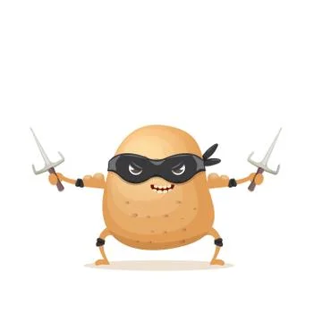Vector cartoon ninja potato character with black super hero mask and ninja knife Stock Illustration
