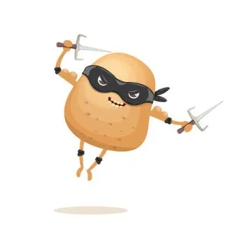 Vector cartoon ninja potato character with black super hero mask and ninja knife Stock Illustration