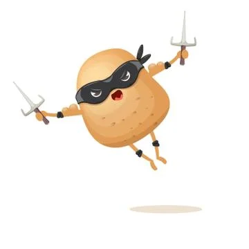 Vector cartoon ninja potato character with black super hero mask and ninja knife Stock Illustration