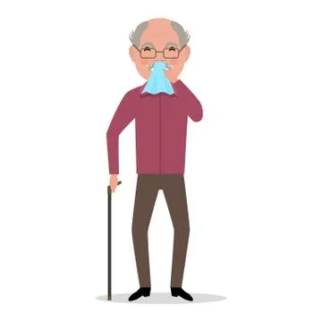 Vector cartoon old man caught cold, sneezing, ill Stock Illustration