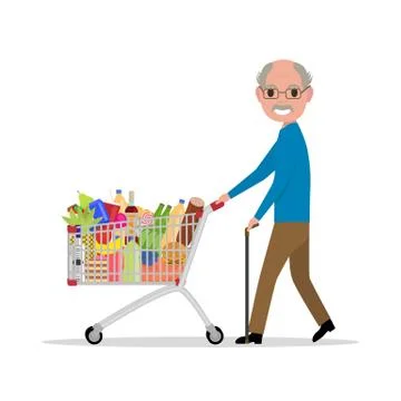 Vector cartoon old man with a shopping trolley Stock Illustration