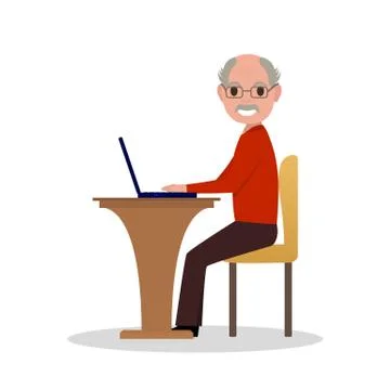 Vector cartoon old man sitting at desk with laptop Stock Illustration