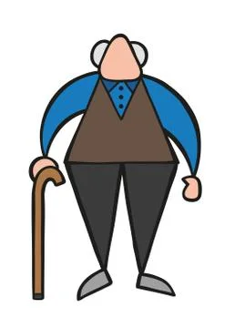 Vector cartoon old man standing with wooden walking stick Ilustración de archivo