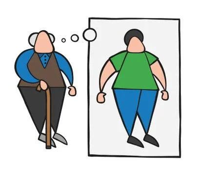 Vector cartoon old man standing with wooden walking stick and dreaming or thi Stock Illustration