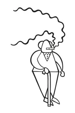 Vector cartoon old man standing with wooden walking stick and smoking cigaret Ilustración de archivo