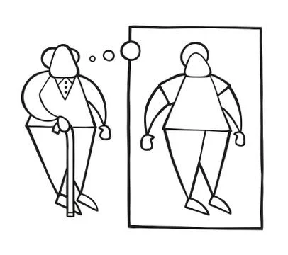 Vector cartoon old man standing with wooden walking stick and dreaming or thi Ilustración de archivo