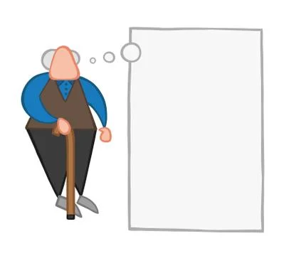 Vector cartoon old man standing with wooden walking stick and dreaming or thi Ilustración de archivo