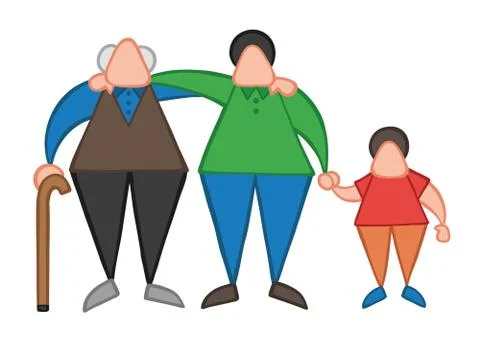 Vector cartoon old man standing with walking stick, hugging his son and grand Ilustración de archivo