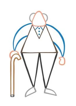 Vector cartoon old man standing with wooden walking stick Ilustración de archivo