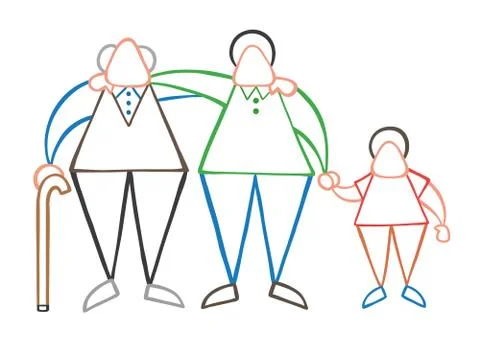Vector cartoon old man standing with walking stick, hugging his son and grand Ilustración de archivo