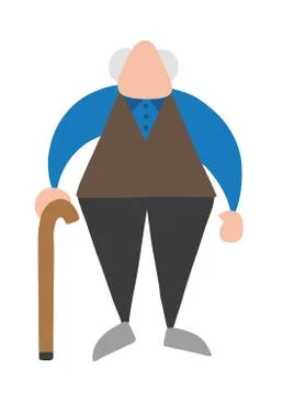 Vector cartoon old man standing with wooden walking stick Illustrazione stock