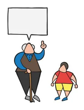 Vector cartoon old man with walking stick, talking to his grandson and advisi Ilustración de archivo