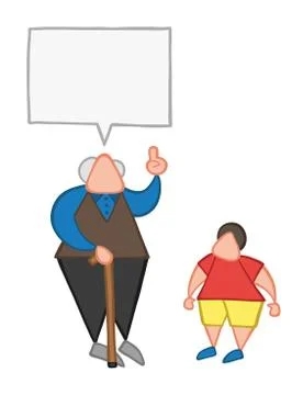 Vector cartoon old man with walking stick, talking to his grandson and advisi Ilustración de archivo