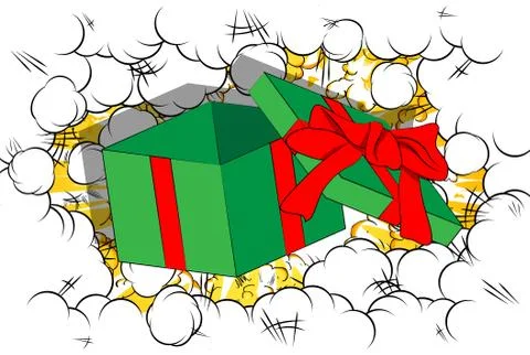 Vector cartoon opened gift box. Illustrated holiday sign on comic book backgr 库存插图