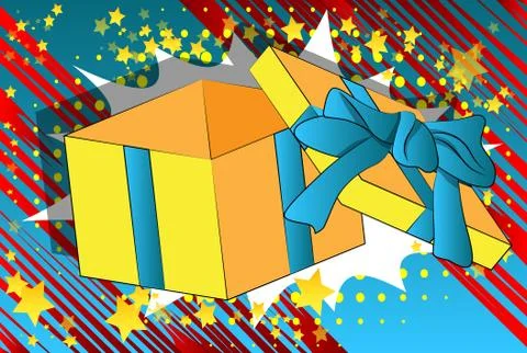 Vector cartoon opened gift box. Illustrated holiday sign on comic book backgr 库存插图