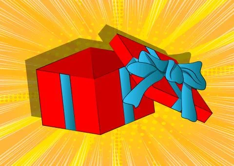 Vector cartoon opened gift box. Illustrated holiday sign on comic book backgr 库存插图
