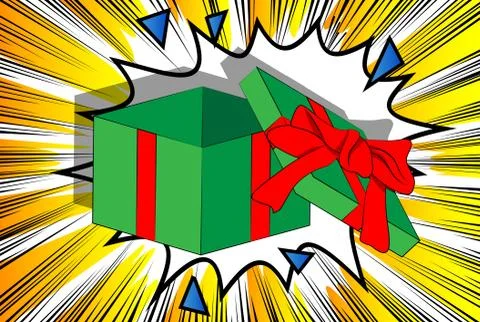 Vector cartoon opened gift box. Illustrated holiday sign on comic book backgr 库存插图