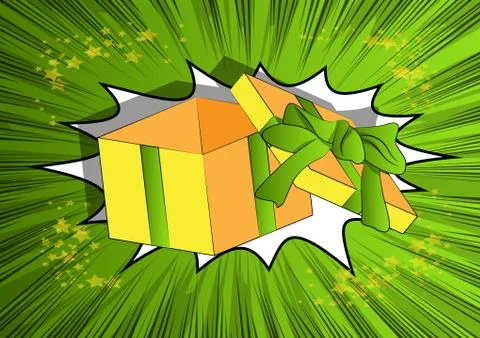 Vector cartoon opened gift box. Illustrated holiday sign on comic book backgr 库存插图