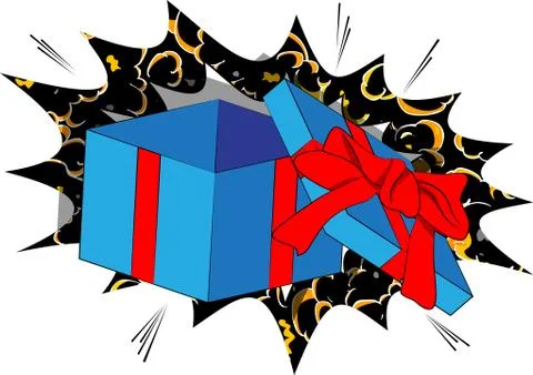 Vector cartoon opened gift box. Illustrated holiday sign on comic book backgr 库存插图
