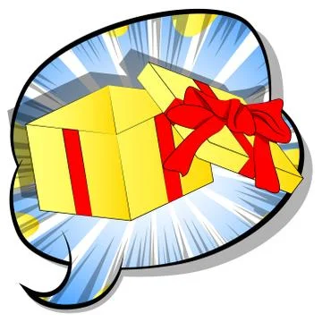 Vector cartoon opened gift box. Illustrated holiday sign on comic book backgr 库存插图