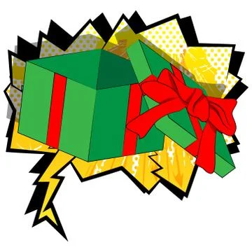 Vector cartoon opened gift box. Illustrated holiday sign on comic book backgr 库存插图