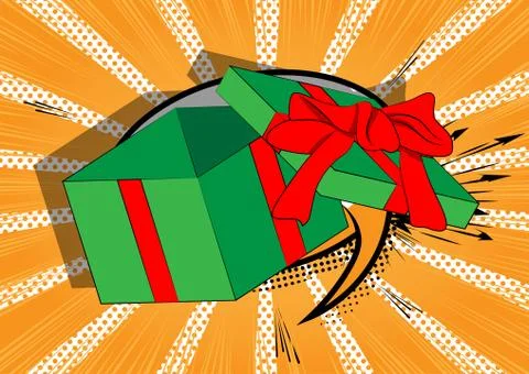 Vector cartoon opened gift box. Illustrated holiday sign on comic book backgr 库存插图