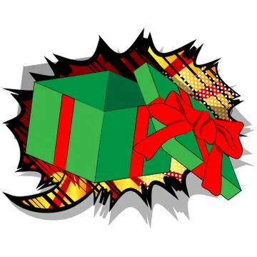 Vector cartoon opened gift box. Illustrated holiday sign on comic book backgr 库存插图