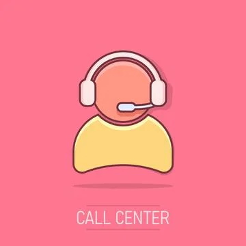 Vector cartoon operator with microphone icon in comic style. Operator in ca.. Stock Illustration
