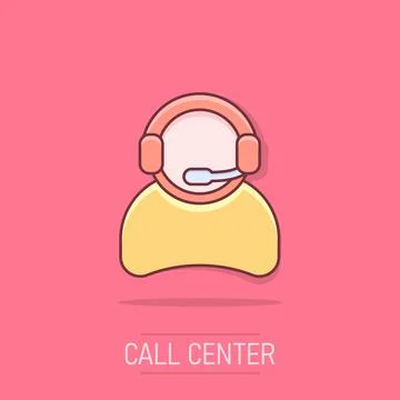 Vector cartoon operator with microphone icon in comic style. Operator in ca.. Stock Illustration