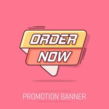 Vector cartoon order now banner icon in comic style. Badge shopping illustr.. Stock Illustration