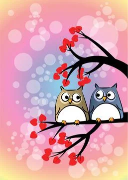 Vector cartoon owls on red leaf tree Stock Illustration