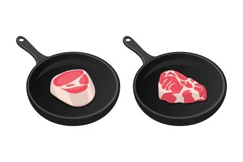 Vector Cartoon Pan Set with Meat. Bone-in Steak, Tender Marbled Steak in Pan Stock Illustration