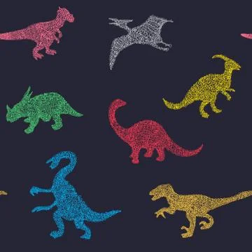 Vector Cartoon Pattern of colorful different dinosaur silhouette - Illustrati Stock Illustration