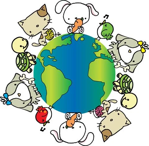 Vector cartoon pets on earth background Illustrazione stock