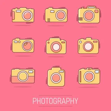 Vector cartoon photo camera set icon in comic style. Photographer cam sign .. Illustrazione stock