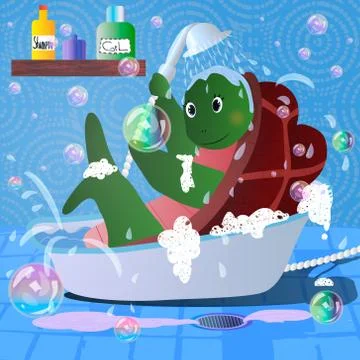 Vector cartoon picture of turtle in bathroom towel Stock Illustration