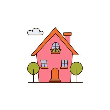 Vector cartoon pink house with two trees icon. Vector beautiful house with Stock Illustration