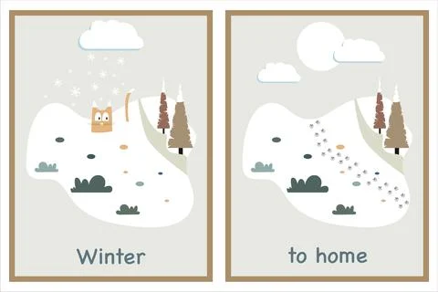 Vector cartoon poster. Flat winter landscape with a cat and its tracks. Ins.. Stock Illustration