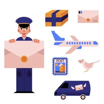 Vector cartoon postman mailman character set イラスト素材