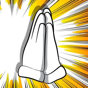 Vector cartoon praying hands. Illustrated hand sign on comic book background. Stock Illustration