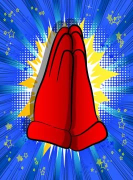 Vector cartoon praying hands. Illustrated hand sign on comic book background. Stock Illustration