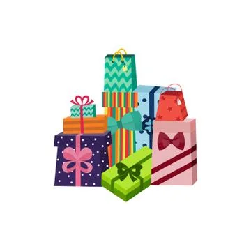Vector cartoon present gift box ribbon bow pile Stock Illustration