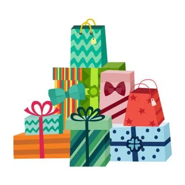 Vector cartoon present gift box ribbon bow pile Illustrazione stock