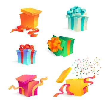 Vector cartoon present gift box ribbon bow set Stock Illustration