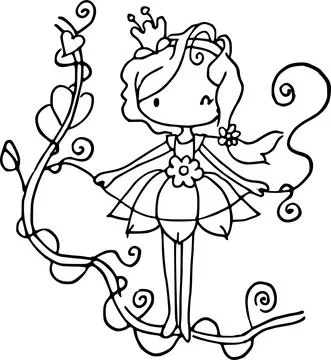 Vector cartoon princess with a heart shape flowers black and white Stock Illustration
