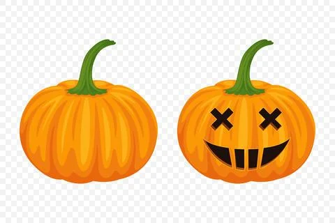 Vector Cartoon Pumpkins Collection with Carved Faces. Flat Colorful Pumpkin Stock Illustration