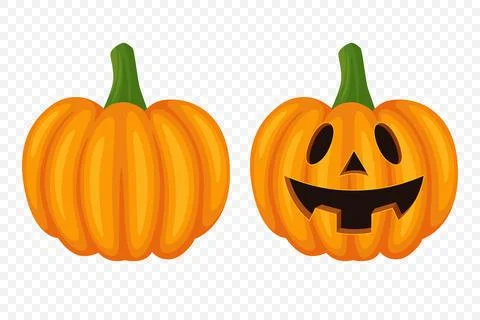 Vector Cartoon Pumpkins Collection with Carved Faces. Flat Colorful Pumpkin Stock Illustration