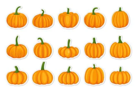 Vector Cartoon Pumpkins Collection. Flat Colorful Pumpkin Stickers Set. Design Stock Illustration
