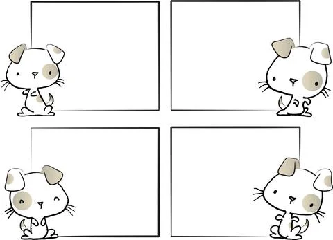 Vector cartoon puppy with speech bubbles frame border set Illustrazione stock